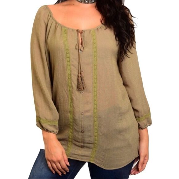 Boho Tassel Tie Neck 3/4” Sleeve Crochet Panel Casual Tunic Top NEW - Picture 3 of 4